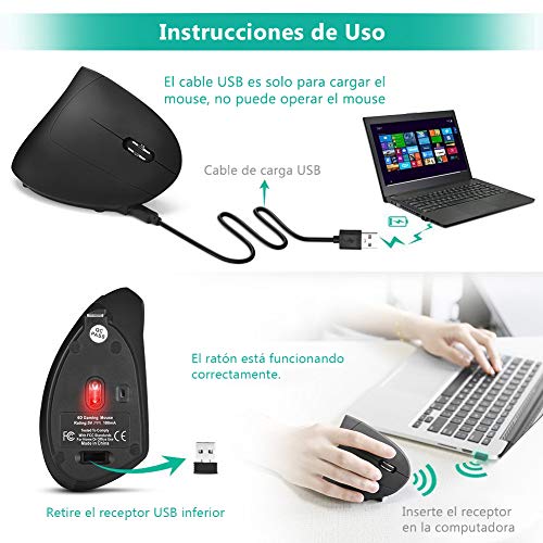 Deofde Ratón Vertical Ergonómico Recargable USB inalámbrico, 2.4G Ratón óptico Vertical Mouse para PC/portátil/Mac, Prevención de Codo de tenista/Enfermedad del ratón, Protege Especialmente el Brazo