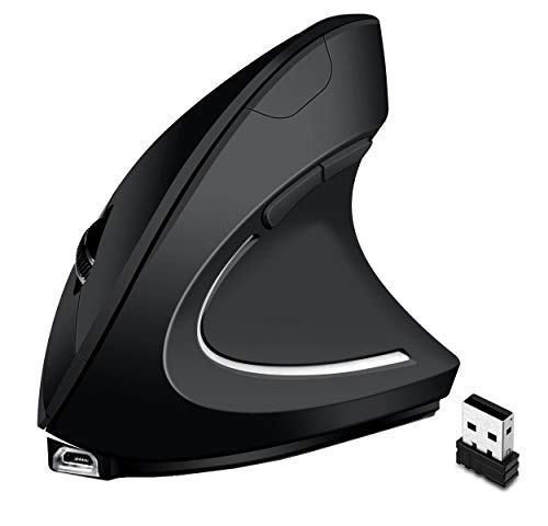 Deofde Ratón Vertical Ergonómico Recargable USB inalámbrico, 2.4G Ratón óptico Vertical Mouse para PC/portátil/Mac, Prevención de Codo de tenista/Enfermedad del ratón, Protege Especialmente el Brazo