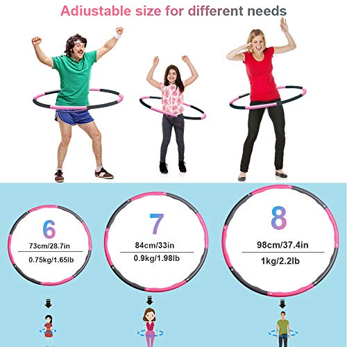 Deporte Hula Hoop, Quemar Grasa Hula Hoop, Aro De Fitness Espuma, Círculo De Pérdida De Peso Desmontable Con Espuma 8 Secciones, Diámetro Ajustable, Adecuado Para Damas, Hombres, Niños(Rosa + Gris)