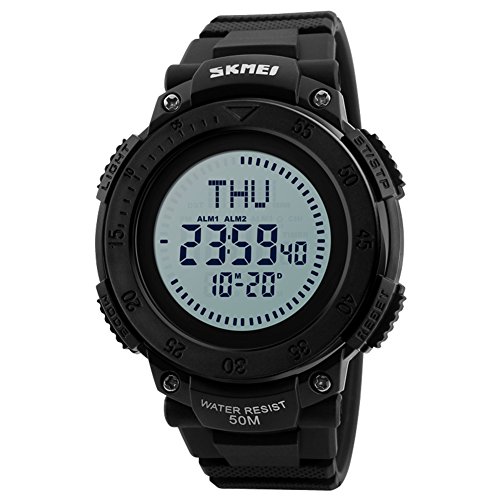 Deportes Militar Reloj Digital Inteligente Supervivencia brújula led Pantalla Mundo Tiempo Cara Grande 50m cronómetro Resistente al Agua Alarma Reloj de Pulsera-Negro Hombres-C