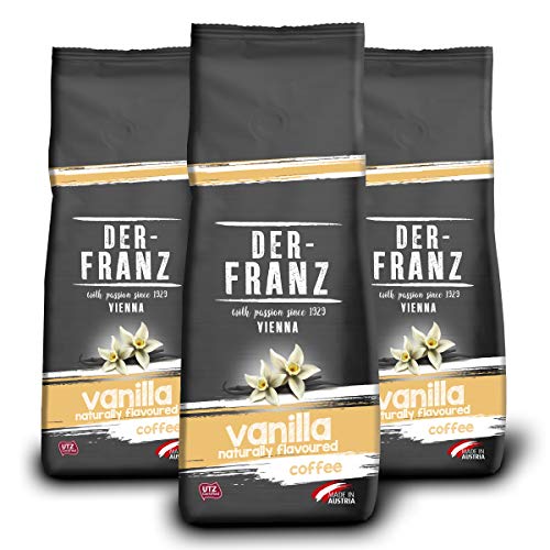 Der-Franz - Café mezcla de Arábica y Robusta, asado, frijoles enteros aromatizado con vainilla natural con certificación UTZ, en grano, 3 x 500 g