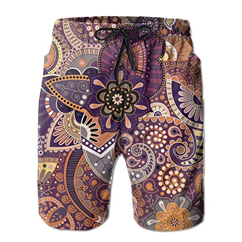 Desconocido Patrón de Estampado de Flores de Paisley Hombres/Niños Bañadores Casuales Pantalones de Playa de Cintura elástica Corta con Bolsillos,L