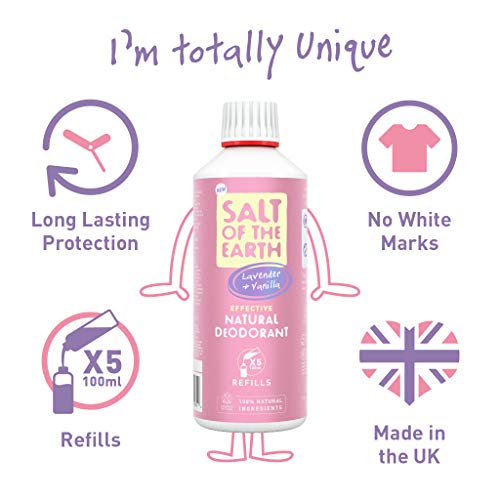Desodorante natural en spray por Salt of the Earth, lavanda y vainilla, vegano, protección de larga duración, aprobada por Leaping Bunny, fabricado en el Reino Unido, 500 ml