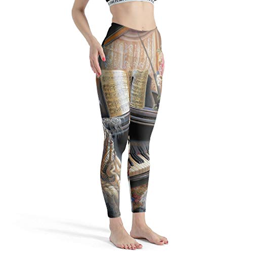 Dessionop Leggings de yoga de cintura alta para mujer, estilo vintage, piano de gato, impresión artística, medias tubulares blanco XL