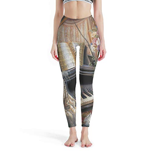 Dessionop Leggings de yoga de cintura alta para mujer, estilo vintage, piano de gato, impresión artística, medias tubulares blanco XL