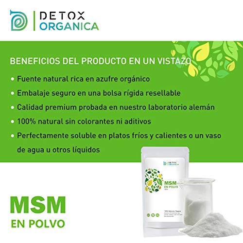 Detox Organica MSM Polvo 99.9% Puro En Bolsa 1 kg | Sin Aditivos - Azufre Orgánico En Dosis Alta – 100% Natural Vegetal | Antiinflamatorio – Dolor Muscular | Producto Vegano Hecho En Alemania