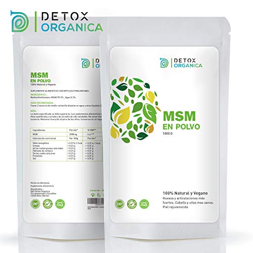 Detox Organica MSM Polvo 99.9% Puro En Bolsa 1 kg | Sin Aditivos - Azufre Orgánico En Dosis Alta – 100% Natural Vegetal | Antiinflamatorio – Dolor Muscular | Producto Vegano Hecho En Alemania