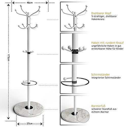 Deuba Perchero Blanco con pie de marmól Clásico 14 Ganchos colgaderos y paragüero 173 cm Pasillo Interior vestíbulo