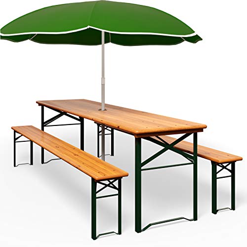 Deuba Set de 1 Mesa y 2 Bancos de Madera Pino Picea Plegables Mesa cervecera con Agujero para sombrilla Eventos jardín