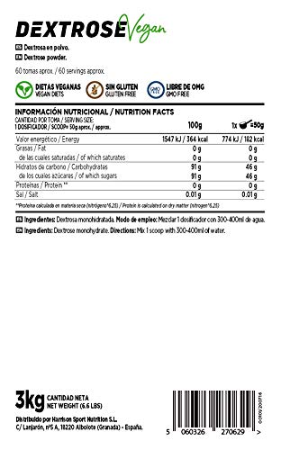 Dextrosa de HSN | Carbohidrato de Alto Índice Glucémico para Recarga de Energía Post-Entreno | Ideal para combinar con Batidos de Proteína | Vegano, Sin Gluten, Sin Lactosa, Sin Sabor, 3 Kg