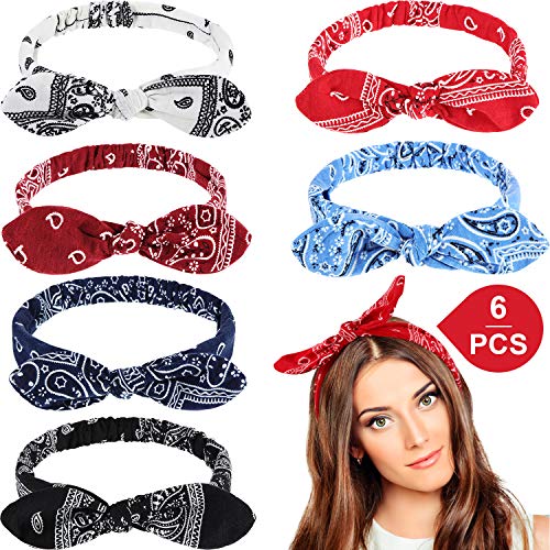 Diadema Bandana de Lazo Bohemia Pañuelo de Cabeza de Nudo Diadema de Orejas de Conejo Elástica Retro para Chicas y Mujeres (6 Piezas, Estilo Paisley 1)