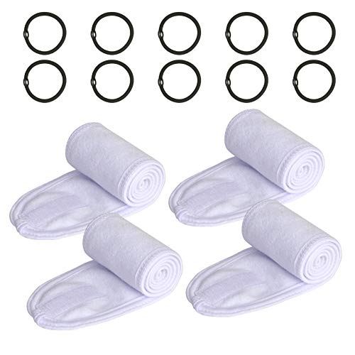 Diadema de Maquillaje Ajustable KATOOM 4pcs Diadema Facial de Spa con 10 Bandas de Goma para el Ejercicio, Lavado, Bañarse, Yoga Deportes con Cinta Mágica Blanco Mujeres Adultos