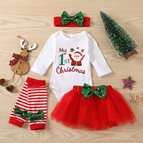 Diaod Trajes de Dibujos Animados de Navidad para bebés y niñas, Mono con Letras Impresas de Papá Noel, Falda de Tul, Diadema, Calentador de piernas, Conjuntos de Ropa (Size : 9-12 Months)