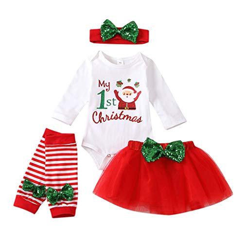 Diaod Trajes de Dibujos Animados de Navidad para bebés y niñas, Mono con Letras Impresas de Papá Noel, Falda de Tul, Diadema, Calentador de piernas, Conjuntos de Ropa (Size : 9-12 Months)