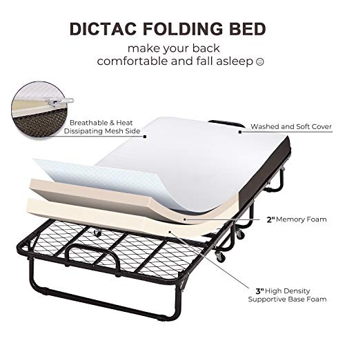 DICTAC Cama Plegable 90 x 200 cm Cama de Invitados con colchón de Espuma viscoelástica de 13 cm de Espesor,Cubierta de Polvo y Ruedas Gratis, fáciles de Montar y Transportar,Armadura de Metal