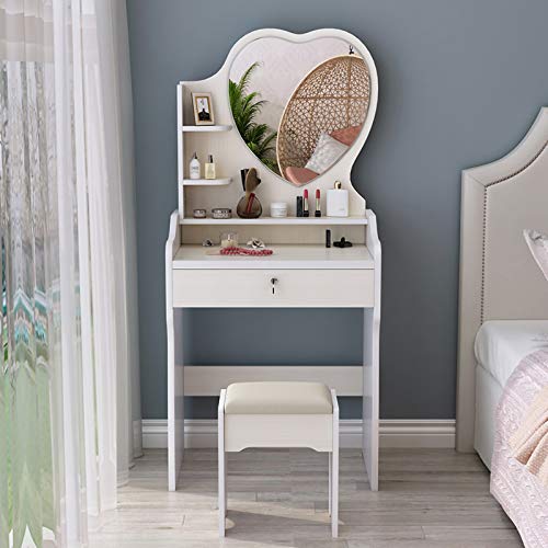 DIDIAN Escritorio De Maquillaje,Forma del Corazón Espejo Mesa Cosmética,Maquillaje con Taburete,Madera Fácil Montaje Tocador,Dormitorio Mueble para Las Niñas-Beige 60x33x122cm(24x13x48inch) DIDIAN Escritorio De Maquillaje,Forma del Corazón Espejo Mesa Cosmética,Maquillaje con Taburete,Madera Fácil Montaje Tocador,Dormitorio Mueble para Las Niñas-Beige 60x33x122cm(24x13x48inch)