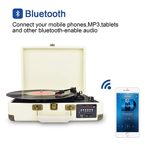 DIGITNOW! Tocadiscos Bluetooth de Cuero - Función Grabación, FM Radio, MP3,USB, SD, 3 velocidades, 33/45/78 RPM con Altavoces Incorporados