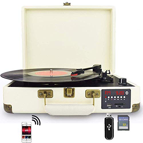 DIGITNOW! Tocadiscos Bluetooth de Cuero - Función Grabación, FM Radio, MP3,USB, SD, 3 velocidades, 33/45/78 RPM con Altavoces Incorporados DIGITNOW! Tocadiscos Bluetooth de Cuero - Función Grabación, FM Radio, MP3,USB, SD, 3 velocidades, 33/45/78 RPM con Altavoces Incorporados