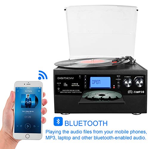 DIGITNOW! Tocadiscos Bluetooth Plato Giradiscos Vinilo,CD,Cassette,Encoding,USB,SD,MMC,Am/FM,3 velocidades,33/45/78 RPM con Altavoces Incorporados