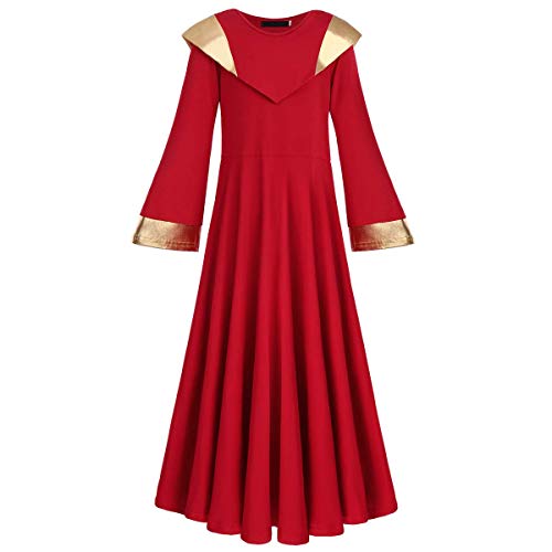 Disfraz Niña Vestido de Alabanza Litúrgico Danza Ropa Baile Latino Manga Larga Cuello Rombo Regalos Costume de Oración de la Iglesia para Niñas Falda de Fiesta Ballet Rojo 9-10 años