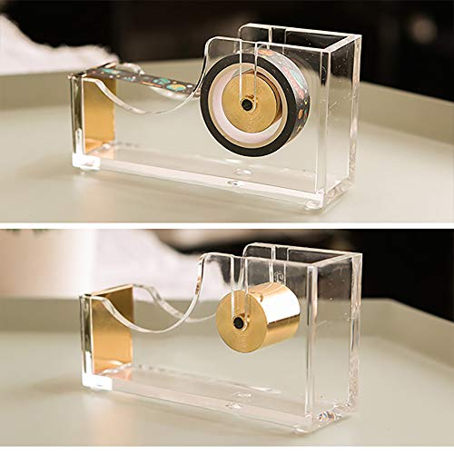 Dispensador de cinta acrílica transparente, dispensador de cinta transparente, cortador de cinta, papelería de escritorio para cortador, 12x6.5x3.5 cm, aprox.190 g, oro