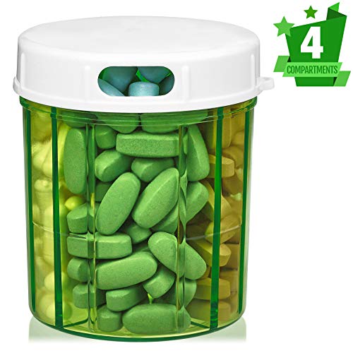 Dispensador de pastillas con cuatro compartimientos, para medicamentos, vitaminas y suplementos. Botella redonda, de MEDca