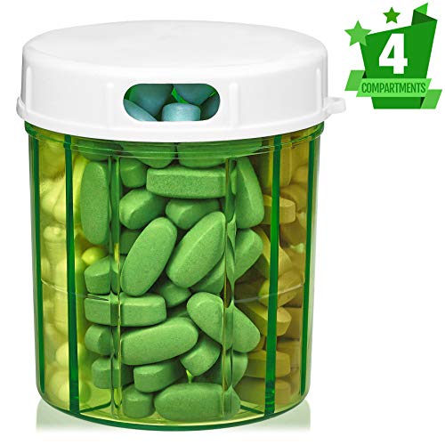 Dispensador de pastillas con cuatro compartimientos, para medicamentos, vitaminas y suplementos. Botella redonda, de MEDca Dispensador de pastillas con cuatro compartimientos, para medicamentos, vitaminas y suplementos. Botella redonda, de MEDca