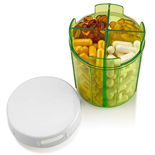 Dispensador de pastillas con cuatro compartimientos, para medicamentos, vitaminas y suplementos. Botella redonda, de MEDca Dispensador de pastillas con cuatro compartimientos, para medicamentos, vitaminas y suplementos. Botella redonda, de MEDca
