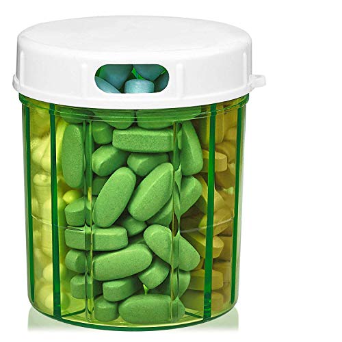Dispensador de pastillas con cuatro compartimientos, para medicamentos, vitaminas y suplementos. Botella redonda, de MEDca Dispensador de pastillas con cuatro compartimientos, para medicamentos, vitaminas y suplementos. Botella redonda, de MEDca