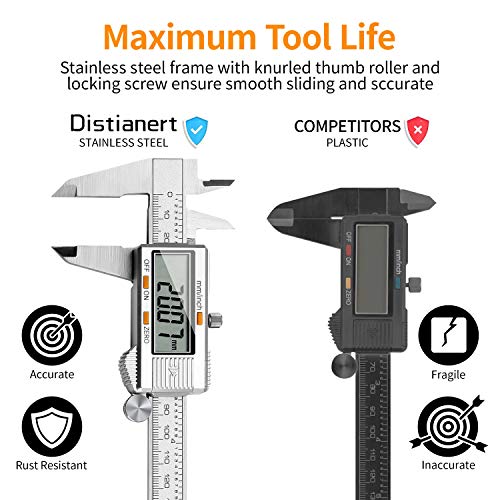 Distianert Calibre Digital 150mm, Pie de Rey Acero Inoxidable Calibrador Digital Electrónico, Gran Pantalla LCD Precisión Viene con un par de guantes y una regla de meta, 0.01mm/Inch Medición