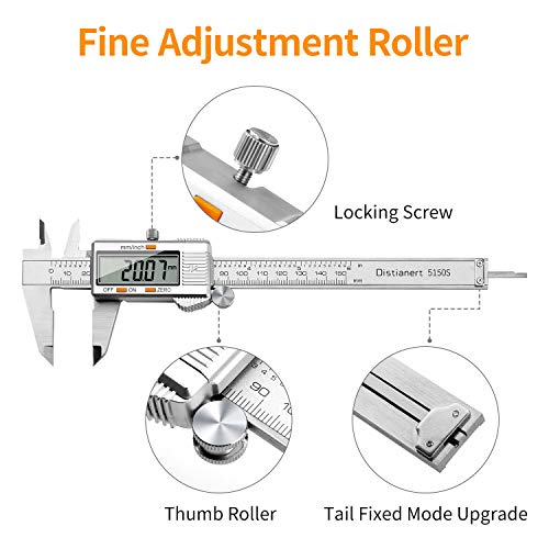 Distianert Calibre Digital 150mm, Pie de Rey Acero Inoxidable Calibrador Digital Electrónico, Gran Pantalla LCD Precisión Viene con un par de guantes y una regla de meta, 0.01mm/Inch Medición