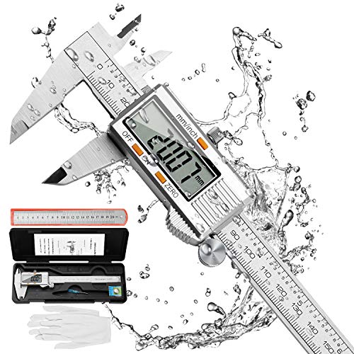 Distianert Calibre Digital 150mm, Pie de Rey Acero Inoxidable Calibrador Digital Electrónico, Gran Pantalla LCD Precisión Viene con un par de guantes y una regla de meta, 0.01mm/Inch Medición