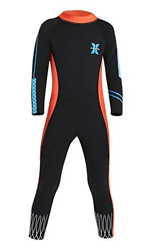 DIVE&SAIL - Traje de Neopreno para Niñas Largo Protección Solar Prevención Maillot de Buceo de 2.5mm Mantenes Calor con Mangas Infantil - Negro Naranja - Talla L