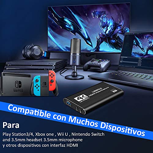 DIWUER Capturadora de Video Audio HDMI, 4K HDMI a USB3.0 Convertidor 1080P 60FPS, Edite Video Audio/Juego/Transmisión Capture para PS4 PS5, Nintendo Switch, Wii, Xbox One