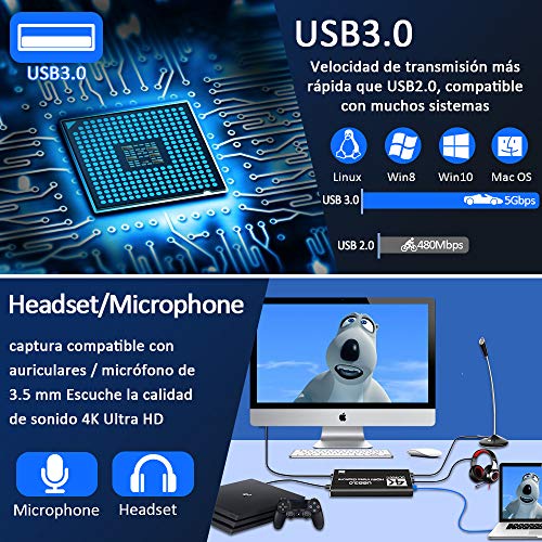 DIWUER Capturadora de Video Audio HDMI, 4K HDMI a USB3.0 Convertidor 1080P 60FPS, Edite Video Audio/Juego/Transmisión Capture para PS4 PS5, Nintendo Switch, Wii, Xbox One