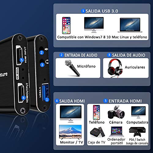 DIWUER Capturadora de Video Audio HDMI, 4K HDMI a USB3.0 Convertidor 1080P 60FPS, Edite Video Audio/Juego/Transmisión Capture para PS4 PS5, Nintendo Switch, Wii, Xbox One