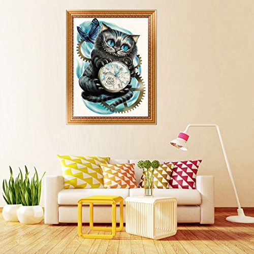 DIY 5d Diamond pintura por número Kit, 5D diamond painting full drill,Cat reloj Crystal Rhinestone bordado de punto de cruz artes manualidades lienzo pared decoración,Gato y reloj