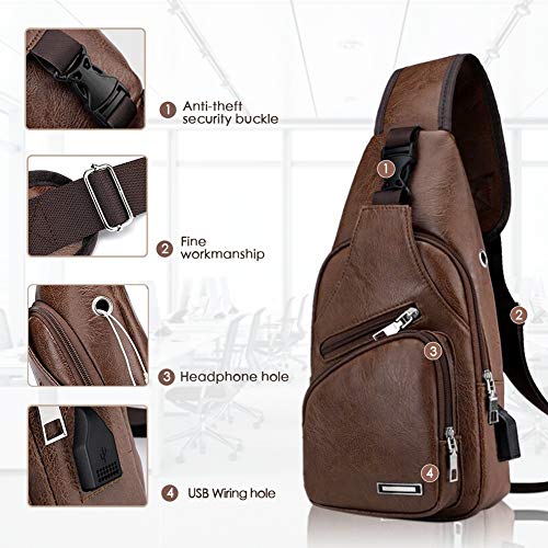 DIYARTS Bolso Cuero Sling Vintage PU Impermeable Pecho Bolsa Hombres Casual Multipropósito Paquete Crossbody Con Puerto Carga USB Para Ciclismo Senderismo Negocios Aire Libre (Dark brown)