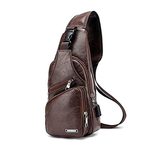 DIYARTS Bolso Cuero Sling Vintage PU Impermeable Pecho Bolsa Hombres Casual Multipropósito Paquete Crossbody Con Puerto Carga USB Para Ciclismo Senderismo Negocios Aire Libre (Dark brown)