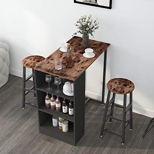 DlandHome Juego de mesa de comedor de 3 piezas con 2 taburetes de 35.8 pulgadas, mesa de bar con estante, escritorio de computadora, encimera de madera, mesa alta para ordenador para comedor, Z813FG