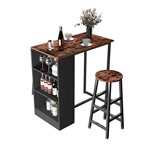 DlandHome Juego de mesa de comedor de 3 piezas con 2 taburetes de 35.8 pulgadas, mesa de bar con estante, escritorio de computadora, encimera de madera, mesa alta para ordenador para comedor, Z813FG