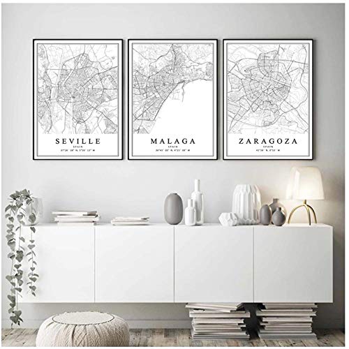 DLFALG Mapa de la ciudad de España Barcelona Madrid Málaga Sevilla Valencia Zaragoza Carteles Pinturas en lienzo Arte de la pared Impresiones Decoración interior del hogar 40x60cmx3 Sin marco