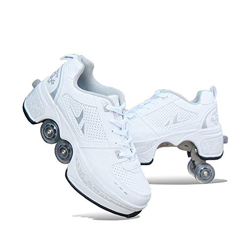 DLLY Zapatos con Ruedas, Patines Ajustables, Zapatillas Deportivo, para Hombres/Mujeres/Niños/Niñas/Principiantes, Zapatos De Skate 2 En 1,Blanco,34