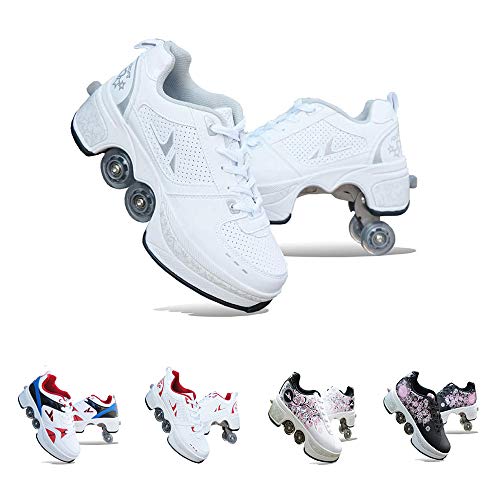 DLLY Zapatos con Ruedas, Patines Ajustables, Zapatillas Deportivo, para Hombres/Mujeres/Niños/Niñas/Principiantes, Zapatos De Skate 2 En 1,Blanco,34
