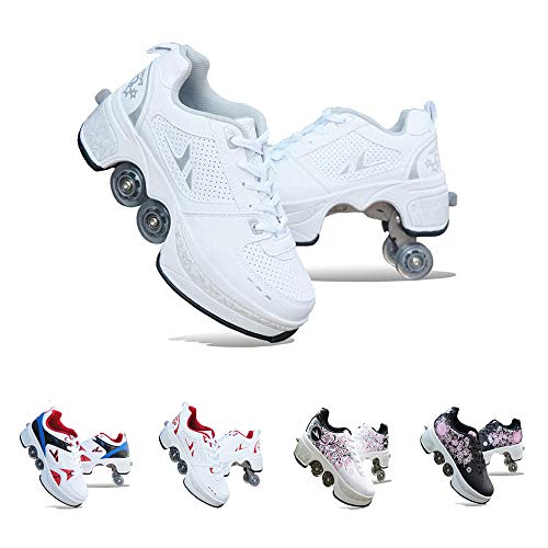DLLY Zapatos con Ruedas, Patines Ajustables, Zapatillas Deportivo, para Hombres/Mujeres/Niños/Niñas/Principiantes, Zapatos De Skate 2 En 1,Blanco,34 DLLY Zapatos con Ruedas, Patines Ajustables, Zapatillas Deportivo, para Hombres/Mujeres/Niños/Niñas/Principiantes, Zapatos De Skate 2 En 1,Blanco,34