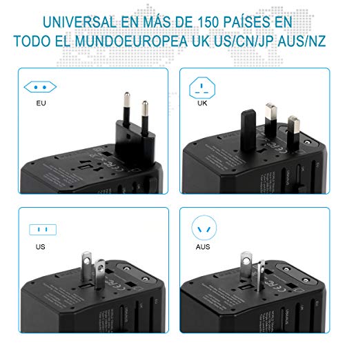 DLOPK Adaptador de Viaje Universal con 4 Puertos USB (MAX 5.6A) y 1xCargador Tipo-C 3A para US EU UK AU Japon Asia África Más de 150 Países (Black Gold)