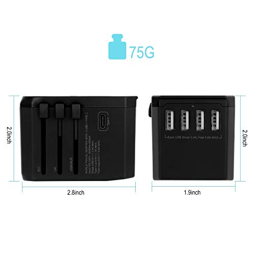 DLOPK Adaptador de Viaje Universal con 4 Puertos USB (MAX 5.6A) y 1xCargador Tipo-C 3A para US EU UK AU Japon Asia África Más de 150 Países (Black Gold)