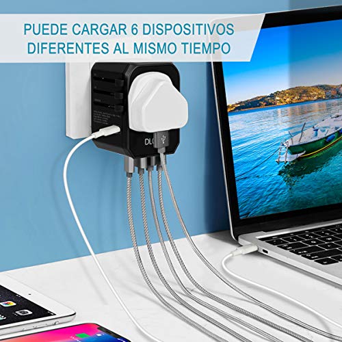 DLOPK Adaptador de Viaje Universal con 4 Puertos USB (MAX 5.6A) y 1xCargador Tipo-C 3A para US EU UK AU Japon Asia África Más de 150 Países (Black Gold)