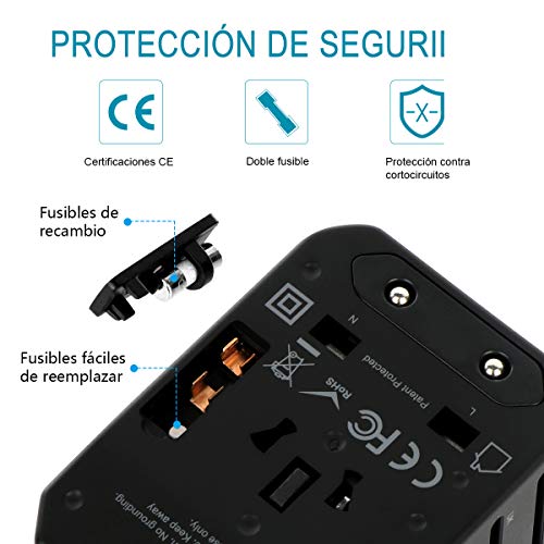 DLOPK Adaptador de Viaje Universal con 4 Puertos USB (MAX 5.6A) y 1xCargador Tipo-C 3A para US EU UK AU Japon Asia África Más de 150 Países (Black Gold)