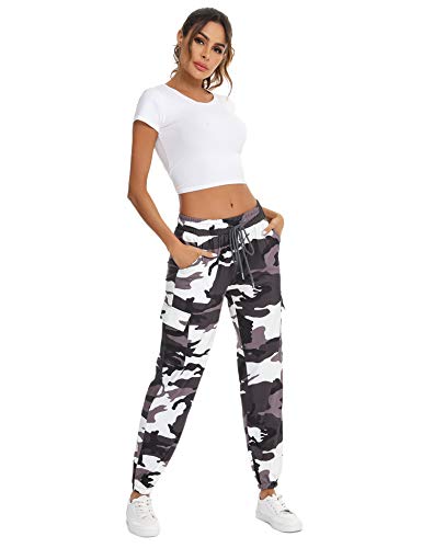 Doaraha Algodón Pantalones Deportivos Mujer Pantalón de Chándal Elásticos Transpirables con Bolsillos Laterales para Deporte Gimnasio Fitness Correr (Camuflaje marrón, S)